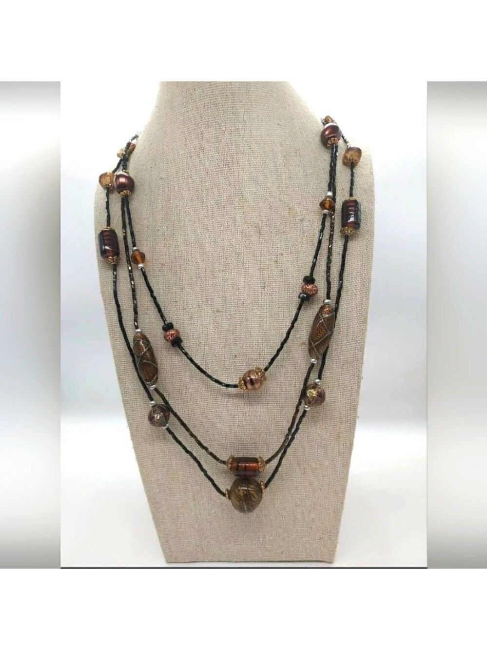 Chico's Art Glass Necklace Beaded Multistrand Brown Copper Tones 33" Long